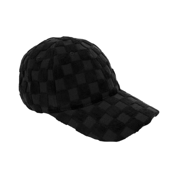 A black and gray checkered baseball cap with a curved brim