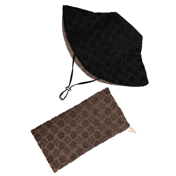 Reversable black sun hat with a textured pattern and an adjustable strap, alongside a brown BAG with a darker brown floral-like pattern and a zipper