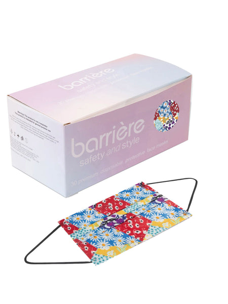 barrière 30 piece box of unisex disposable sustainable medical masks in multicolor floral collage print